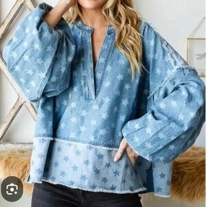 OLI & HALI Denim ⭐️Star⭐️ Top w/Balloon Sleeves, NWOT, S - ADORABLE!!💙⭐️🩵